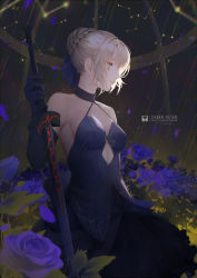 Rule 34 | 1girl, artoria pendragon (all), artoria pendragon (fate), bad id, bad pixiv id, bare shoulders, black dress, black gloves, black ribbon, blonde hair, braid, character name, closed mouth, collarbone, commentary request, copyright name, dress, echosdoodle, elbow gloves, excalibur morgan (fate), fate/stay night, fate (series), flower, gloves, hair between eyes, hair bun, hair ribbon, halterneck, holding, holding sword, holding weapon, looking away, petals, profile, purple flower, rain, ribbon, saber alter, single hair bun, sleeveless, sleeveless dress, solo, sword, weapon, yellow eyes