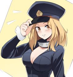 Rule 34 | 10s, 1girl, black hat, blonde hair, blush, boku no hero academia, breasts, brown eyes, cleavage, collarbone, coolisushi, hat, highres, long hair, looking at viewer, medium breasts, parted lips, partially unzipped, sketch, solo, upper body, utsushimi kemii, wrist cuffs