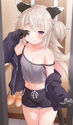 Rule 34 | 1girl, animal ears, animal hands, black hoodie, black shorts, breasts, camisole, cat ears, cat girl, cat tail, closed mouth, grey camisole, highres, hood, hoodie, light brown hair, long hair, looking at viewer, navel, off shoulder, one eye closed, one side up, open clothes, open hoodie, original, pink eyes, rubbing eyes, sandals, shorts, small breasts, strap slip, tail, ug (nekonekodou)