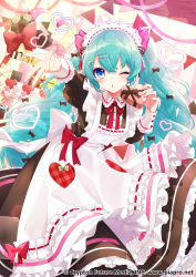 Rule 34 | 1girl, absurdres, apron, aqua hair, black bow, black dress, blowing kiss, blue eyes, blush, bow, commentary, commentary request, dress, fingernails, frilled apron, frills, gari (apollonica), gift, glint, hair bow, hair ornament, hairclip, hatsune miku, hatsune miku graphy collection, heart, heart-shaped pupils, highres, holding, holding gift, juliet sleeves, leaning forward, long hair, long sleeves, looking at viewer, maid, maid apron, maid headdress, neck ribbon, official art, one eye closed, pennant, pink bow, puckered lips, puffy sleeves, red bow, red ribbon, ribbon, solo, string of flags, symbol-shaped pupils, twintails, very long hair, vocaloid, watermark, web address, white apron, wing collar, x hair ornament