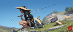 Rule 34 | 1girl, arm support, black hair, black robe, black shorts, blurry, blurry background, closed mouth, creature, day, from side, grass, hand up, hat, highres, holding, holding sword, holding weapon, hydrokinesis, kan liu (666k), kneeling, on one knee, original, over shoulder, pointy ears, profile, prosthesis, prosthetic arm, robe, rock, seal impression, short hair, short sleeves, shorts, sidelocks, sky, sleeping, smile, solo, straw hat, sword, sword over shoulder, tree, water, weapon, weapon over shoulder