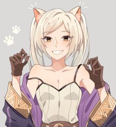 Rule 34 | 1girl, animal ears, bad id, bad twitter id, bare shoulders, breasts, brown eyes, brown gloves, camisole, cat ears, cleavage, fire emblem, fire emblem awakening, gloves, grey background, grin, highres, long sleeves, looking at viewer, nintendo, pikapika hoppe, robin (female) (fire emblem), robin (fire emblem), simple background, small breasts, smile, solo, twintails, upper body, white hair