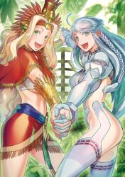 Rule 34 | 2girls, :d, ahoge, ass, blonde hair, breasts, chin piercing, colored inner hair, commentary request, cropped jacket, crystal hair, fate/grand order, fate (series), green eyes, green hair, hair ornament, headband, headdress, hiroe rei, holding hands, jewelry, kukulkan (fate), kukulkan (second ascension) (fate), large breasts, leotard, long hair, long sleeves, looking at viewer, medium breasts, multicolored hair, multiple girls, navel, official alternate costume, open mouth, puffy sleeves, quetzalcoatl (fate), sharp teeth, shrug (clothing), sideless outfit, smile, teeth, textless version, thighhighs, upper teeth only, very long hair, white hair, white leotard