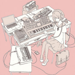 Rule 34 | 1girl, amplifier, briefcase, cable, chair, closed eyes, collarbone, computer, electric plug, electrical outlet, frilled skirt, frills, headphones, instrument, keyboard (instrument), laptop, listening to music, mary janes, mitsuki mouse, monochrome, multiple monochrome, music, original, pink background, playing instrument, roland (company), school uniform, sepia, serafuku, shoes, short sleeves, simple background, sitting, skirt, sleeping, sleeping upright, synthesizer, wire