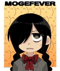 Rule 34 | 1girl, black eyes, black hair, border, bow, bowtie, braid, brown jacket, commentary, english commentary, english text, funamusea, hair over one eye, highres, jacket, jitome, kurai yonaka, long hair, looking up, mogeko castle, open mouth, patterned background, plaid, plaid bow, plaid bowtie, red bow, red bowtie, redscarfy, shirt, sidelocks, small sweatdrop, solo, text focus, twin braids, twitter username, upper body, white border, white shirt, yellow background