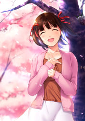 Rule 34 | 1girl, ^ ^, absurdres, amami haruka, blurry, brown hair, cardigan, cherry blossoms, closed eyes, collarbone, cowboy shot, depth of field, dragon@harry, eyebrows, floating hair, flower, hair ribbon, hand on own chest, highres, idolmaster, idolmaster (classic), open cardigan, open clothes, open mouth, outdoors, petals, red ribbon, ribbon, short hair, skirt, smile, solo, spring (season), tree, two side up, white skirt, wind