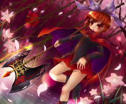 Rule 34 | 1girl, axe, battle axe, bow, cape, flower, forest, full moon, gradient background, hair bow, highres, kakiikada, moon, nature, petals, red eyes, red hair, red moon, sekibanki, shirt, short hair, skirt, solo, touhou, weapon