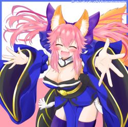 Rule 34 | 1girl, :d, animal ear fluff, animal ears, artist name, blue bow, blue kimono, blue thighhighs, blush, bow, breasts, cleavage, closed eyes, collar, commentary request, cowboy shot, detached sleeves, eyelashes, fang, fate/extra, fate (series), floating hair, fox ears, fox girl, fox tail, hair between eyes, hair bow, highres, incoming hug, japanese clothes, kimono, large breasts, leaning forward, long hair, long sleeves, looking at viewer, obi, open mouth, outstretched arms, outstretched hand, pink hair, reaching, reaching towards viewer, sash, sidelocks, simple background, skin fang, smile, solo, split ponytail, tail, tamamo (fate), tamamo no mae (fate/extra), thighhighs, tongue, twitter username, white background, white collar, wide sleeves, winsankemonodou, zettai ryouiki