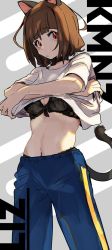 Rule 34 | animal ears, black bra, black panties, blue pants, blush, bra, breasts, brown hair, cat ears, cat tail, character name, cleavage, closed mouth, commentary, copyright name, cowboy shot, frilled bra, frills, grey background, kmnz, mc liz, medium breasts, navel, panties, pants, red eyes, seimannu, shirt, short hair, solo, standing, sweatpants, tail, underwear, undressing, virtual youtuber, white shirt