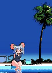 Rule 34 | 1girl, absurdres, animal ears, arms behind back, blue hair, blue one-piece swimsuit, blue sky, blush, breasts, heart, heart tail, highres, horizon, kasuya baian, ligne claire, medium breasts, medium hair, mouse ears, mouse girl, mouse tail, nazrin, ocean, old school swimsuit, one-piece swimsuit, palm tree, pool, red eyes, reflection, reflective water, school swimsuit, sidelocks, sideways glance, sky, soaking feet, swimsuit, tail, thick thighs, thighs, touhou, tree