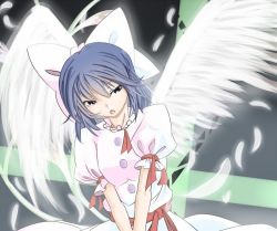 Rule 34 | 1girl, angel wings, black eyes, blue hair, bow, dress, feathers, female focus, hair bow, hisumi, mai (touhou), mystic square, sash, short hair, solo, touhou, touhou (pc-98), upper body, v arms, wings, witch
