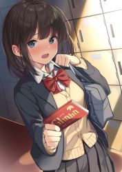 Rule 34 | 1girl, absurdres, bag, black skirt, blazer, blouse, blue eyes, bow, bowtie, brown hair, cardigan, chocolate, collared shirt, food, highres, holding, holding chocolate, holding food, imsaibo3, jacket, light blush, locker, looking at viewer, medium hair, open clothes, open jacket, open mouth, original, pleated skirt, red bow, red bowtie, school bag, school uniform, shirt, skirt, solo, valentine, white shirt