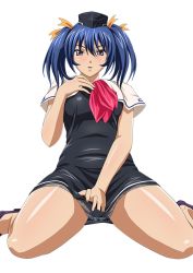 Rule 34 | 00s, 1girl, bashoku youjou, blue hair, blush, breasts, female focus, hair ornament, ikkitousen, large breasts, legs, looking at viewer, parted lips, purple eyes, shiny skin, short twintails, sitting, solo, twintails
