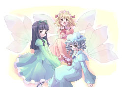 Rule 34 | 3girls, arm support, blonde hair, blunt bangs, bow, brown hair, dress, drill hair, fairy, fairy wings, female focus, hair ornament, hat, head tilt, light smile, long hair, looking at viewer, luna child, mary janes, multiple girls, own hands together, perfect memento in strict sense, ribbon, shoes, short hair, skirt, star sapphire, sunny milk, takanashi akihito, touhou, wings