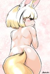 Rule 34 | 1girl, animal ear fluff, animal ears, ass, bare shoulders, blonde hair, brown eyes, completely nude, contrapposto, fennec (kemono friends), fox ears, fox girl, fox tail, from behind, highres, index finger raised, kemono friends, looking at viewer, looking back, nude, short hair, shoulder blades, solo, tail, tail censor, yukaran nosuke