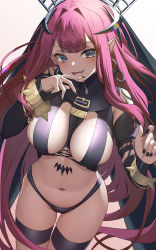 Rule 34 | 1girl, :d, absurdres, between breasts, bikini, black bikini, breasts, cape, baobhan sith (fate), baobhan sith (second ascension) (fate), fate/grand order, fate (series), grey eyes, highres, large breasts, long hair, looking at viewer, nail polish, navel, open mouth, panamuru, pink hair, pointy ears, revealing clothes, slit pupils, smile, solo, stomach, swimsuit, thigh strap, thighs, tiara, very long hair, white background