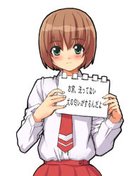 Rule 34 | 00s, 1girl, aqua eyes, blouse, brown hair, collared shirt, date (senpen), holding, holding sign, shion no ou, shirt, sign, simple background, solo, translated, white background, white shirt, yasuoka shion