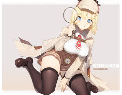 Rule 34 | 1girl, beige background, beige skirt, black footwear, black thighhighs, blonde hair, blue eyes, blush, breasts, cape, character name, cloak, collared shirt, commentary, copyright name, english commentary, english text, grin, high-waist skirt, highres, hololive, hololive english, large breasts, long sleeves, magnifying glass, necktie, plaid, plaid skirt, pocket watch, red necktie, shirt, shoes, short hair, simple background, sitting, skirt, smile, solo, teeth, thighhighs, virtual youtuber, wariza, watch, watson amelia, watson amelia (1st costume), yykuaixian