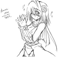 Rule 34 | 1girl, arm warmers, assassin, assassin (ragnarok online), bare shoulders, breasts, character name, cleavage, cowboy shot, embarrassed, flower, from side, greyscale, hair flower, hair ornament, kaminagi (kaminagi-tei), leotard, monochrome, own hands clasped, own hands together, profile, ragnarok online, scarf, simple background, sketch, solo, standing, upper body, waist cape, white background