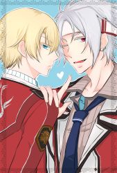 Rule 34 | 2boys, adam&#039;s apple, blonde hair, blue eyes, collar, collarbone, crow armbrust, earrings, eiyuu densetsu, eyebrows, eyelashes, face-to-face, falcom, framed, grey hair, hand on another&#039;s shoulder, headband, heart, highres, index finger raised, jewelry, jusis albarea, looking at viewer, male focus, military, military uniform, multiple boys, multiple earrings, necktie, one eye closed, open mouth, profile, red eyes, school uniform, sen no kiseki, shirt, short hair, simple background, striped clothes, striped shirt, toumorian, uniform, wink, yaoi