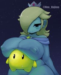 Rule 34 | 1girl, bare shoulders, blonde hair, blue blush, blue dress, blue eyes, blush, breast rest, breasts, breasts on head, covered erect nipples, crown, dress, gluteal fold, highres, huge breasts, impossible clothes, long sleeves, luma (mario), mario (series), neo hajime, nintendo, nipples, rosalina, star (symbol), super mario bros. 1, sweat, wide hips