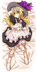 Rule 34 | 1girl, apron, black dress, blonde hair, bloomers, blush, bobby socks, commentary request, dress, frown, hand on forehead, hand on own stomach, hat, hat ribbon, kirisame marisa, looking at viewer, lying, manarou, on back, on bed, ribbon, socks, solo, embodiment of scarlet devil, touhou, underwear, wavy hair, witch hat, wrist cuffs, yellow eyes