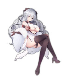 1girl a_shui absurdres ass bare_shoulders breasts bronya_zaychik bronya_zaychik_(silverwing:_n-ex) brown_footwear brown_gloves brown_thighhighs china_dress chinese_clothes closed_mouth crossed_legs dress drill_hair elbow_gloves gloves grey_eyes grey_hair high_heels highres honkai_(series) honkai_impact_3rd large_breasts long_hair looking_at_viewer simple_background solo thighhighs twin_drills underboob white_background