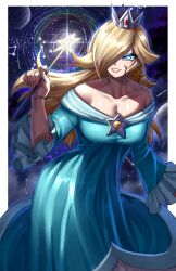 Rule 34 | 1girl, absurdres, aqua dress, bare shoulders, blonde hair, blue eyes, breasts, brooch, cleavage, collarbone, commentary, crown, dress, grin, hair over one eye, highres, holding, holding wand, jewelry, large breasts, long hair, looking at viewer, mario (series), nintendo, off-shoulder dress, off shoulder, pink lips, rageman709, rosalina, smile, solo, star (symbol), star wand, super mario galaxy, very long hair, wand