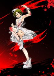 Rule 34 | 1girl, alternate costume, blood, boots, bow, brown hair, cuffs, female focus, full body, gothic lolita, gradient background, hat, high heels, highres, lolita fashion, nurse, nurse cap, petticoat, rebecca chambers, resident evil, resident evil: the mercenaries 3d, shoes, short hair, solo, thighhighs, torn clothes
