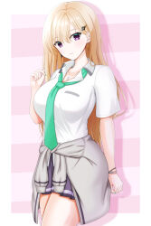 1girl ayase_saki blonde_hair border bracelet breasts closed_mouth clothes_around_waist collarbone collared_shirt commentary_request earrings gimai_seikatsu green_necktie grey_jacket grey_skirt hand_up highres jacket jacket_around_waist jewelry large_breasts long_hair looking_at_viewer nabeshiita_(atsuryoku_nabe) nail_polish necktie outside_border pink_background pleated_skirt purple_eyes school_uniform shirt short_sleeves skirt solo striped_background white_border white_shirt