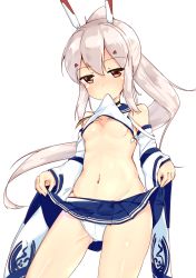 Rule 34 | 1girl, ayanami (azur lane), azur lane, bare shoulders, black choker, blue skirt, blush, breasts, choker, clothes in mouth, clothes lift, collarbone, commentary request, detached sleeves, futarino ririsu, hair between eyes, headgear, highres, lifted by self, long hair, long sleeves, looking at viewer, midriff, mouth hold, navel, orange eyes, panties, platinum blonde hair, pleated skirt, ponytail, retrofit (azur lane), shirt in mouth, shirt lift, sidelocks, simple background, skirt, skirt lift, small breasts, solo, standing, stomach, underwear, white background, white panties, wide sleeves