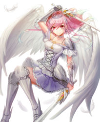 Rule 34 | 1girl, absurdres, angel wings, armor, bad id, bad pixiv id, blush, breasts, cleavage, closed mouth, collarbone, dual wielding, highres, holding, holding sword, holding weapon, large breasts, long hair, looking at viewer, original, pink eyes, pink hair, seungju lee, smile, solo, sword, weapon, wings