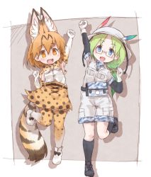 Rule 34 | 10s, 2girls, animal ear fluff, animal ears, bare shoulders, belt, boots, bucket hat, camouflage trim, commentary request, elbow gloves, fanny pack, feathers, glasses, gloves, green hair, hair tie, hat, high-waist skirt, highres, kemono friends, khakis, kneehighs, kolshica, long hair, mirai (kemono friends), multicolored hair, multiple girls, serval (kemono friends), serval print, serval tail, shoes, short sleeves, shorts, skirt, sleeveless, sneakers, socks, standing, standing on one leg, tail, thighhighs