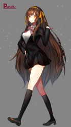 Rule 34 | 1girl, absurdres, artist name, black skirt, bow, bowtie, breasts, brown hair, closed mouth, commentary, english commentary, full body, grey background, hairband, hand on own hip, hand up, highres, kneehighs, kouyouen academy school uniform, large breasts, long hair, long sleeves, looking at viewer, official alternate hair length, official alternate hairstyle, orange eyes, orange hairband, papupu, pleated skirt, school uniform, shirt, shoes, simple background, skirt, socks, solo, standing, suzumiya haruhi, suzumiya haruhi no shoushitsu, suzumiya haruhi no yuuutsu, very long hair, walking, white shirt