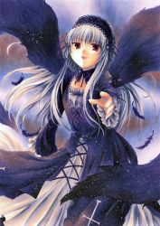 Rule 34 | 00s, 1girl, bad id, bad pixiv id, black wings, dress, feathers, female focus, goth fashion, gradient background, hairband, highres, kyopi, pointing, red eyes, rozen maiden, solo, suigintou, traditional media, wings