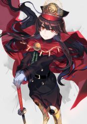 Rule 34 | 1girl, belt, black hair, cape, closed mouth, cow (shadow), fate (series), floating hair, gloves, grey gloves, hands on hilt, hat, highres, koha-ace, long hair, long sleeves, looking at viewer, looking up, military, military hat, military uniform, oda nobunaga (fate), oda nobunaga (koha-ace), planted, planted sword, planted weapon, red cape, red eyes, smile, solo, sword, uniform, weapon