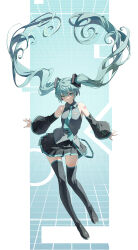 1girl absurdres aqua_eyes aqua_hair aqua_necktie bare_shoulders black_skirt black_thighhighs boots closed_mouth commentary detached_sleeves floating_hair full_body grey_shirt hatsune_miku highres long_hair looking_at_viewer necktie pleated_skirt shirt skirt sleeveless sleeveless_shirt smile solo thigh_boots thighhighs toga_(toganawa) twintails very_long_hair vocaloid zettai_ryouiki