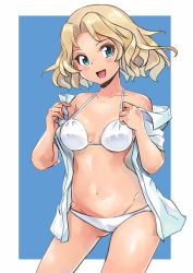 Rule 34 | 1girl, :d, alternate hair length, alternate hairstyle, bikini, bikini under clothes, blonde hair, blue background, blue eyes, border, breasts, clothes pull, commentary, cowboy shot, dress shirt, girls und panzer, groin, hair intakes, highres, kay (girls und panzer), looking at viewer, medium breasts, monomono, navel, off shoulder, open mouth, outside border, pulling own clothes, shirt, shirt pull, short hair, short sleeves, smile, solo, standing, swimsuit, white bikini, white border