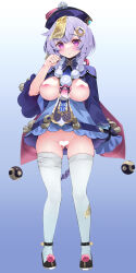 Rule 34 | 1girl, absurdres, aged up, alternate breast size, black footwear, blue background, breasts, breasts out, censored, commentary request, full body, genshin impact, gradient background, hair ornament, hat, heart, heart censor, highres, large breasts, long sleeves, looking at viewer, nipples, ofuda, purple eyes, purple hair, purple hat, qingdai guanmao, qiqi (genshin impact), shoes, short hair, solo, standing, thighhighs, waterring, white thighhighs