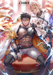 Rule 34 | 2boys, 2r- (pixiv8168114), abs, alchemy stars, bare pectorals, black hair, bulge, cape, feet out of frame, highres, igote, lightning, looking at viewer, male focus, multiple boys, muscular, muscular male, navel, navigator (alchemy stars), nipples, pants, pectorals, pittman (alchemy stars), planted, short hair, sitting, stomach, white cape, white pants