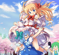 Rule 34 | 3girls, ascot, between legs, blonde hair, blue eyes, blue hair, blue sky, blush, bow, capelet, cherry blossoms, cherry print, cirno, cloud, daiyousei, day, fairy wings, food print, green hair, hair bow, hakkotsu shitai, hat, hat bow, ice, ice wings, lily white, long hair, long sleeves, multiple girls, o o, open mouth, panties, print panties, puffy sleeves, shirt, short sleeves, skirt, skirt set, sky, tears, touhou, tree, underwear, very long hair, white panties, wings