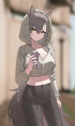 Rule 34 | 1girl, absurdres, alternate costume, animal ears, arknights, black pants, blurry, blurry background, breasts, brown hoodie, cleavage, closed mouth, commentary request, cropped hoodie, cup, grey hair, hair between eyes, highres, holding, holding cup, hood, hood up, hoodie, large breasts, long hair, looking at viewer, maanu, midriff, navel, pants, parted bangs, penance (arknights), solo, tail, thighs, upper body, wolf ears, wolf girl, wolf tail, yellow eyes, yoga pants