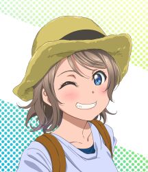 Rule 34 | 1girl, ;d, blue eyes, blush, brown hair, collarbone, commentary request, green background, grey shirt, grin, hat, highres, looking at viewer, love live!, love live! sunshine!!, medium hair, one eye closed, open mouth, polka dot, polka dot background, sano keiichi, shirt, sidelocks, smile, solo, straw hat, two-tone background, upper body, watanabe you, white background