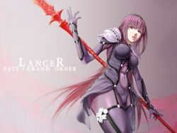 Rule 34 | 1girl, armor, bodysuit, breasts, character name, copyright name, fate/grand order, fate (series), female focus, gae bolg (fate), large breasts, long hair, pauldrons, polearm, purple bodysuit, purple hair, red eyes, scathach (fate), scathach (fate), shoulder armor, solo, spear, weapon, zft
