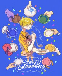 Rule 34 | 1boy, apron, blonde hair, blue background, bracelet, brook (one piece), character name, cigarette, collared shirt, confetti, disembodied limb, english text, facial hair, franky (one piece), goatee, highres, holding, holding ladle, holding plate, jewelry, jinbe (one piece), ladle, mitsubachi koucha, monkey d. luffy, mustache, nami (one piece), nico robin, one piece, pink apron, plate, roronoa zoro, sanji (one piece), shirt, short hair, skull and crossbones, tony tony chopper, twitter username, usopp, yellow shirt