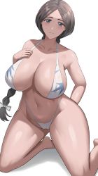Rule 34 | 1girl, absurdres, bare shoulders, barefoot, bikini, black hair, bleach, blue eyes, braid, braided ponytail, breasts, cleavage, closed mouth, collarbone, commentary, curvy, groin, hand up, highleg, highleg bikini, highres, huge breasts, jasony, kneeling, large breasts, long hair, looking at viewer, simple background, solo, swimsuit, thick thighs, thighs, unohana retsu, very long hair, white background, white bikini, wide hips