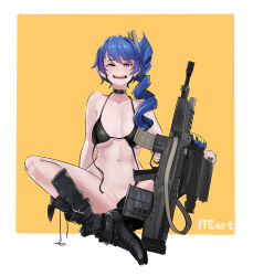 Rule 34 | 1girl, 20mm grenade, 20x30mm grenade, 20x30mm lv p k168, absurdres, airburst grenade launcher, ammunition, anti-materiel cartridge, artist name, assault rifle, belt boots, black footwear, blue gloves, blue hair, blush, bolt-action grenade launcher, bolt action, boots, bottomless, breasts, bullpup, burst fire gun, burst fire rifle, cannon cartridge, carbine, choker, collarbone, computerized scope, daewoo k11, dummy round, earrings, explosive, girls&#039; frontline, gloves, grenade, grenade cartridge, grenade launcher, gun, highres, indian style, jewelry, k11 (girls&#039; frontline), large-caliber cartridge, leather choker, long hair, medium breasts, messy hair, military cartridge, multi-weapon, multiple-barrel firearm, navel, one eye closed, open mouth, orange background, precision-guided firearm, red eyes, rifle, scope, side ponytail, sight (weapon), single earring, sitting, smile, solo, subsonic ammunition, teeth, telescopic sight, thermal weapon sight, two-tone background, two-tone gloves, underbarrel assault rifle, underbarrel rifle, untied bikini top, upper teeth only, weapon, white background, yan jhia, yellow gloves