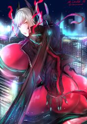 Rule 34 | 1girl, absurdres, ass, black gloves, black jacket, black sky, bodysuit, breasts, cityscape, cropped jacket, gloves, grey hair, hand on own ass, highres, holding, holding sword, holding weapon, huge breasts, jacket, looking at viewer, m.c (miraimakoto222), night, night sky, red bodysuit, short hair, sky, solo, sword, tongue, tongue out, virtual youtuber, vshojo, weapon, yellow eyes, zentreya, zentreya (cyborg), zentreya (cyborg) (1st costume)
