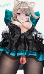Rule 34 | 1girl, animal ears, aqua bow, black pantyhose, bow, breasts, cat ears, censored, expressionless, facial mark, facial tattoo, frilled leotard, frills, genshin impact, gloves, highres, leotard, long sleeves, looking at viewer, looking down, lynette (genshin impact), medium breasts, meginalter, mosaic censoring, pantyhose, purple eyes, pussy, short hair, solo, spread pussy, star (symbol), star facial mark, star tattoo, tattoo, two-tone gloves, white background