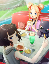 Rule 34 | 2girls, abigail williams (fate), alternate costume, animal, bad id, bad pixiv id, bare arms, bare shoulders, blonde hair, blue eyes, blush, booth seating, bow, brown hair, burger, checkered floor, cherry, closed mouth, collarbone, collared shirt, commentary request, cup, day, double bun, drinking glass, drinking straw, eating, fast food, fate/grand order, fate (series), feeding, food, french fries, fruit, grey hoodie, hair bow, hair bun, highres, holding, holding food, hood, hood down, hoodie, ice, ice cream, ice cream float, ice cube, indoors, katsushika hokusai (fate), long hair, looking at another, multiple girls, octopus, open mouth, pink shirt, puffy short sleeves, puffy sleeves, red bow, saki usagi, seat, shirt, short sleeves, side bun, sidelocks, signature, single side bun, sitting, sleeveless, sleeveless hoodie, stuffed animal, stuffed toy, table, teddy bear, tokitarou (fate), tray, window